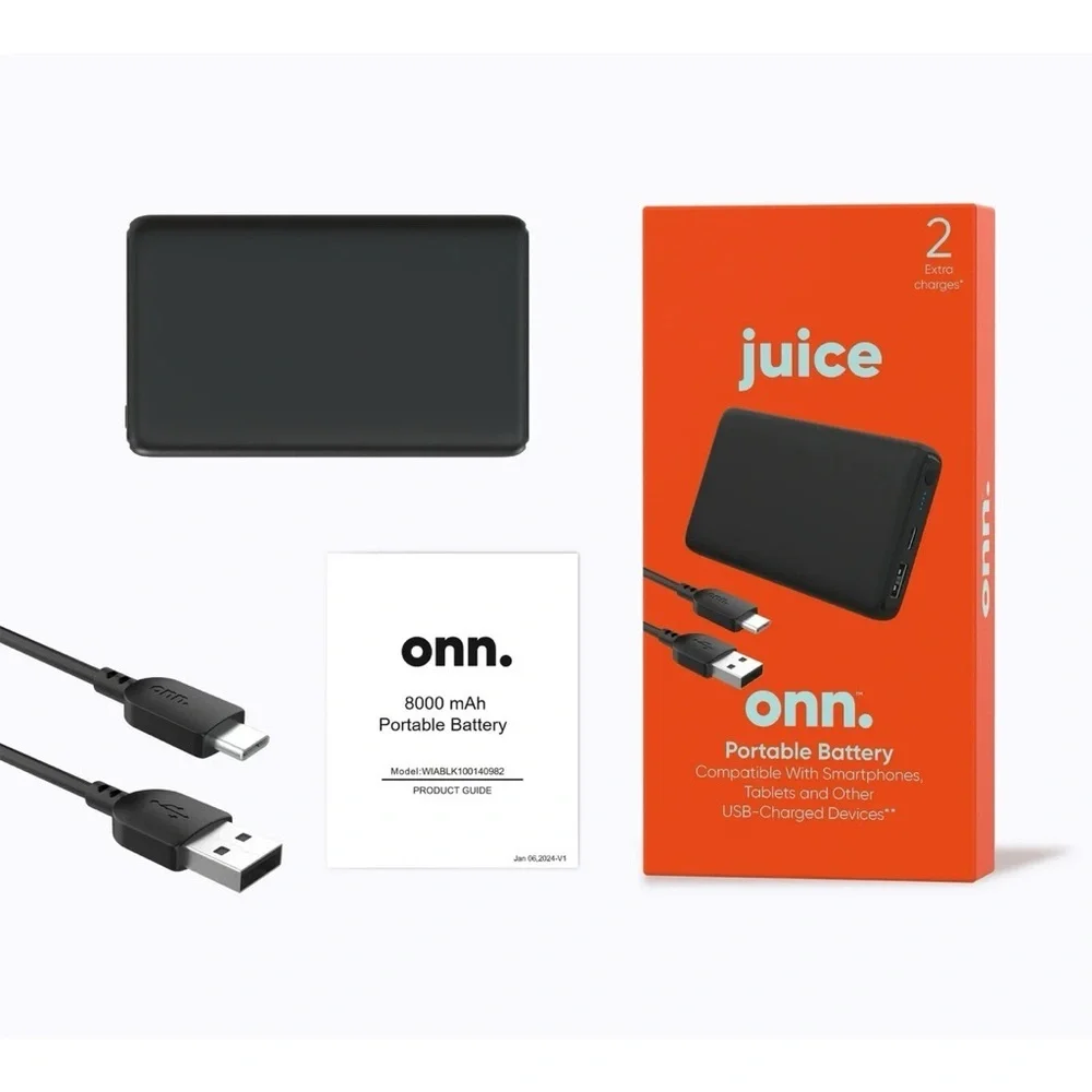 onn. 8000mAh Black Portable Battery, Power Bank with USB A to C Charging Cable